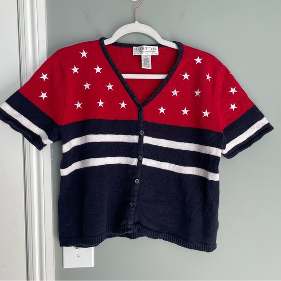 Norton Studios Sweaters - Vintage Norton Studios Red White Blue Americana V-Neck Short Sleeve Cardigan